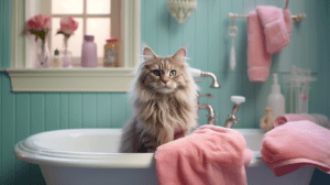 Katt sittandes i ett litet badkar med rosa handdukar intill